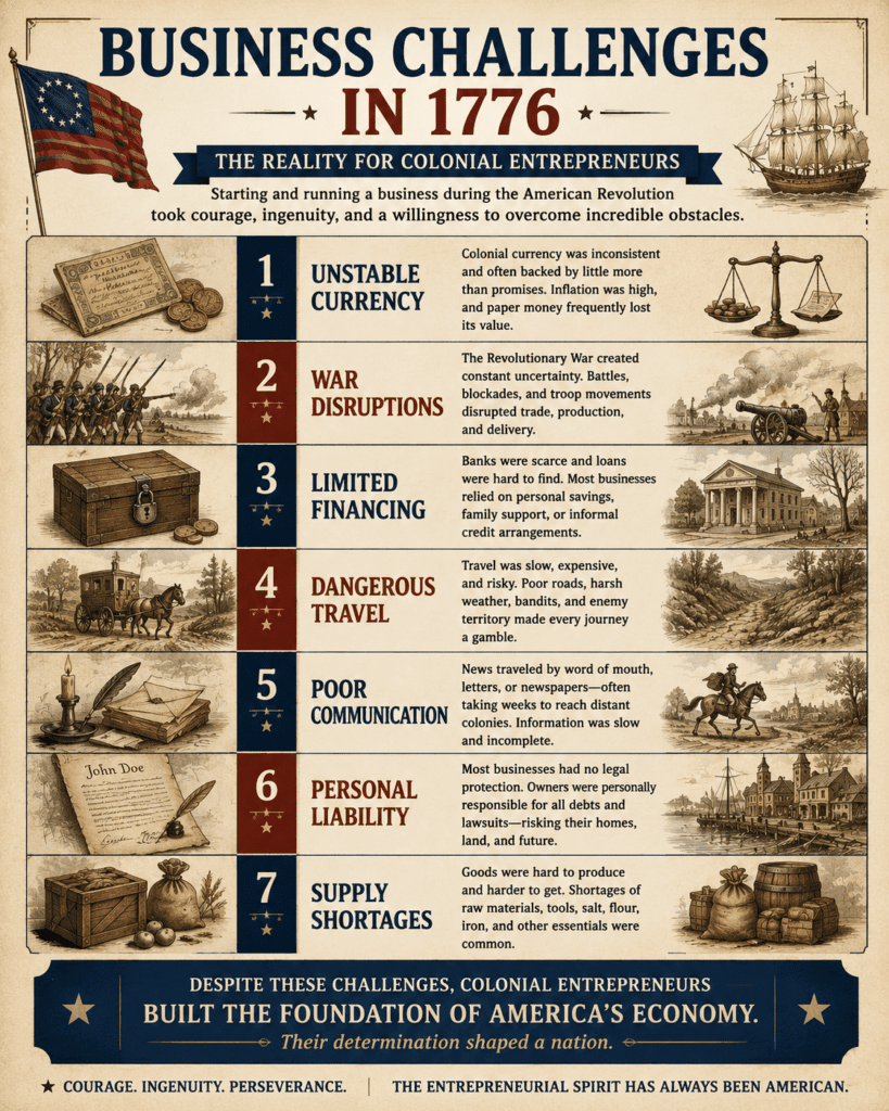 Infographic illustrating the major business challenges faced by colonial entrepreneurs in 1776, including unstable currency, war disruptions, limited financing, dangerous travel, poor communication, personal liability, and supply shortages during the American Revolution.