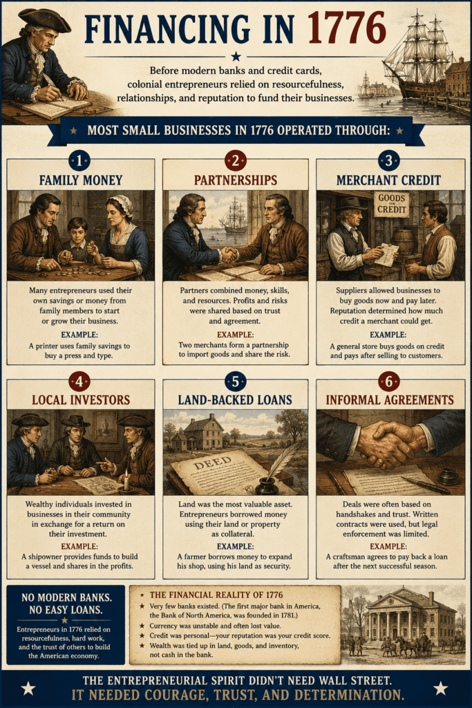 Infographic explaining how entrepreneurs financed businesses in 1776 through family money, partnerships, merchant credit, local investors, land-backed loans, and informal agreements before the development of modern banks and commercial lending systems.