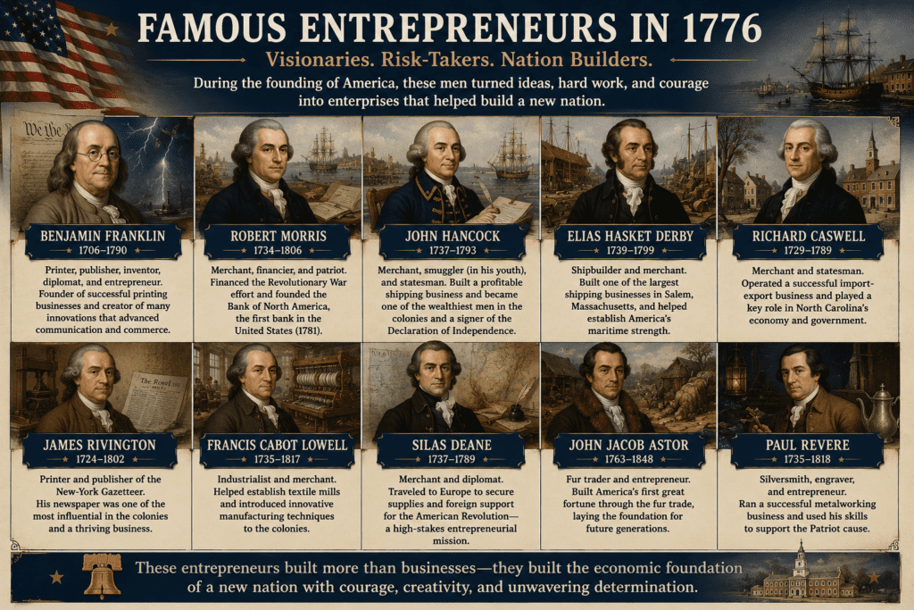 During the founding of America, most entrepreneurs relied on personal relationships, land, partnerships, merchant credit, and reputation to finance businesses. Formal banking systems were extremely limited during the American Revolution, making trust and local networks critical to the growth of the colonial American economy.