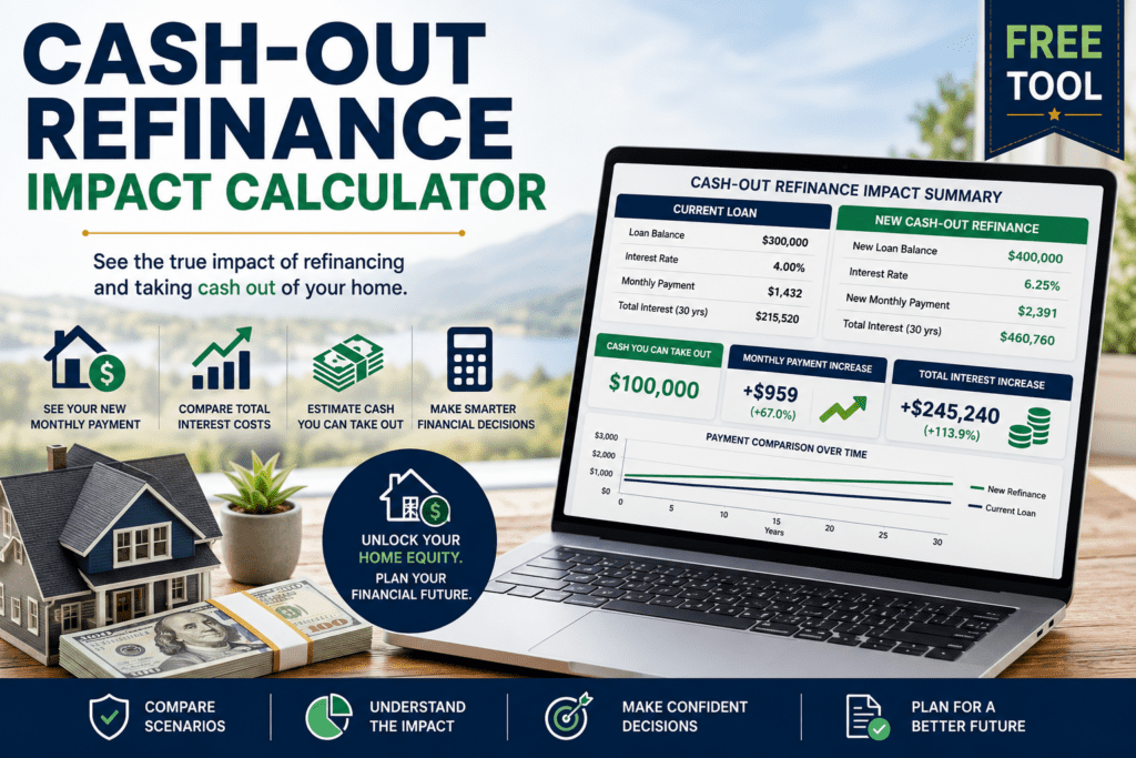 Cash-Out Refinance Impact Calculator featured image showing mortgage refinance comparisons, monthly payment increases, home equity cash-out estimates, and long-term interest costs.