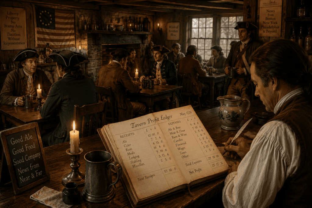 Colonial tavern keeper calculating profits inside a busy 1776 American tavern filled with travelers and militia members.
