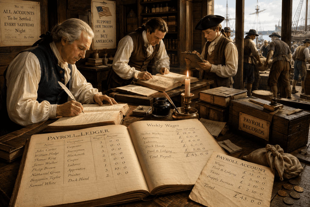 Colonial payroll ledger showing Revolutionary War-era accounting books, wage records, and merchant payroll tracking in 1776 America.