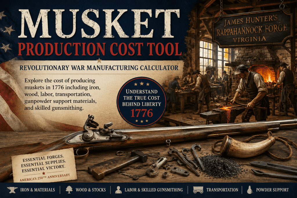 Historic featured image for the Musket Production Cost Tool showing Revolutionary War gunsmiths working inside James Hunter’s Rappahannock Forge in Virginia. The image includes colonial blacksmiths forging musket barrels, tools, gunpowder materials, and a finished flintlock musket representing the industrial effort required to manufacture firearms in 1776.