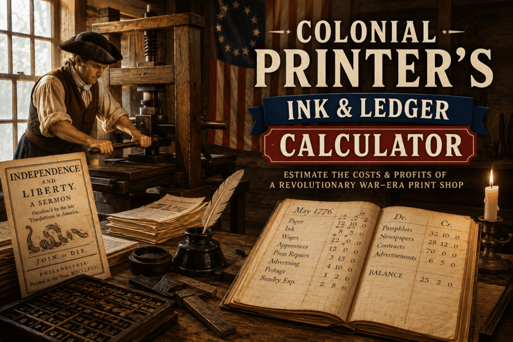 Colonial-era printer operating a wooden printing press in a Revolutionary War print shop surrounded by pamphlets, ink bottles, ledgers, movable type, and patriotic documents for the Colonial Printer’s Ink & Ledger Calculator tool.