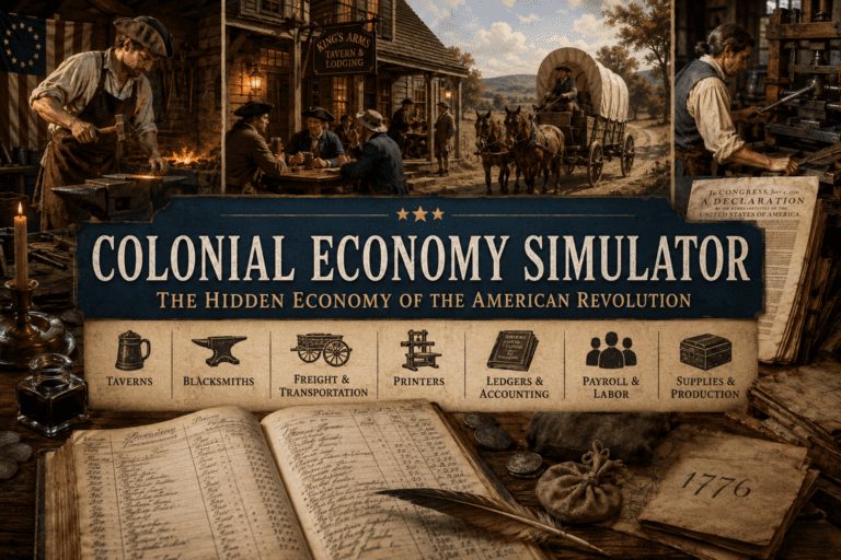 Illustration of the Colonial Economy Simulator showing Revolutionary War-era businesses including a blacksmith forge, colonial tavern, freight wagon, printing press, accounting ledgers, payroll records, and supply operations in 1776 America.