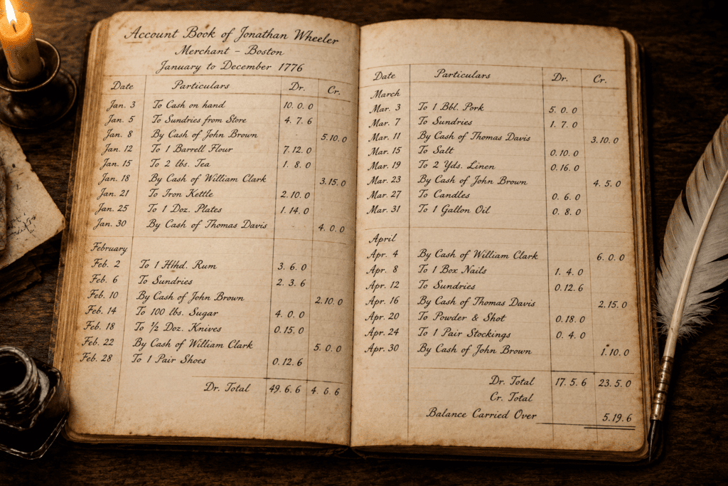 Open colonial business ledger from 1776 showing handwritten accounting entries, debits, credits, supply purchases, and merchant transactions beside a quill pen, ink bottle, and candlelight on a wooden desk.