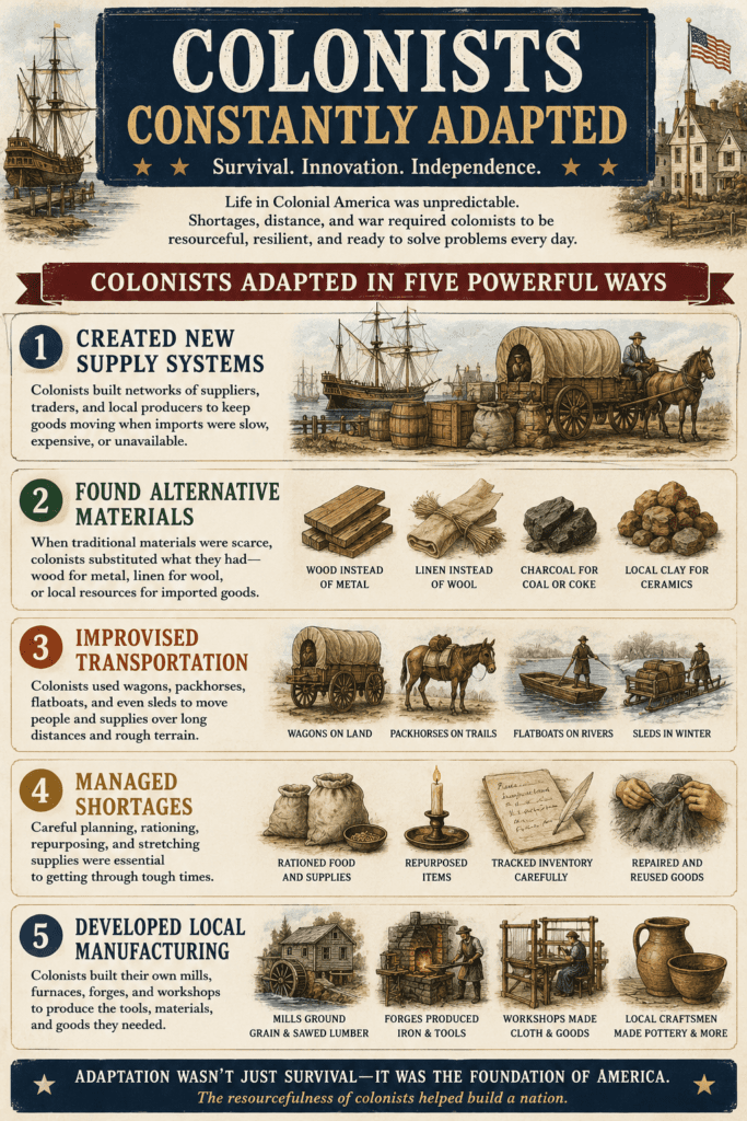 Historical infographic titled “Colonists Constantly Adapted” showing how Revolutionary-era Americans created supply systems, found alternative materials, improvised transportation, managed shortages, and developed local manufacturing during the American Revolution.