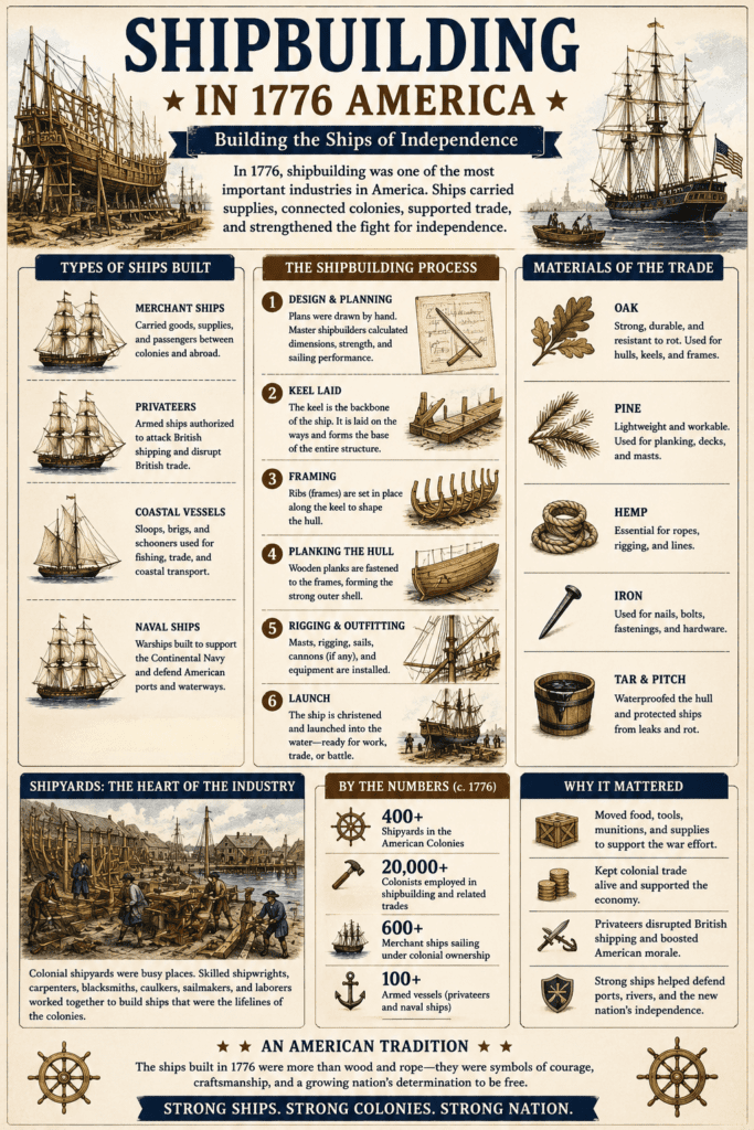 Historical infographic titled “Shipbuilding in 1776 America” showing colonial shipyards, wooden sailing ships, shipbuilding materials, construction stages, and the role of shipbuilding in supporting trade, transportation, and the American Revolution.