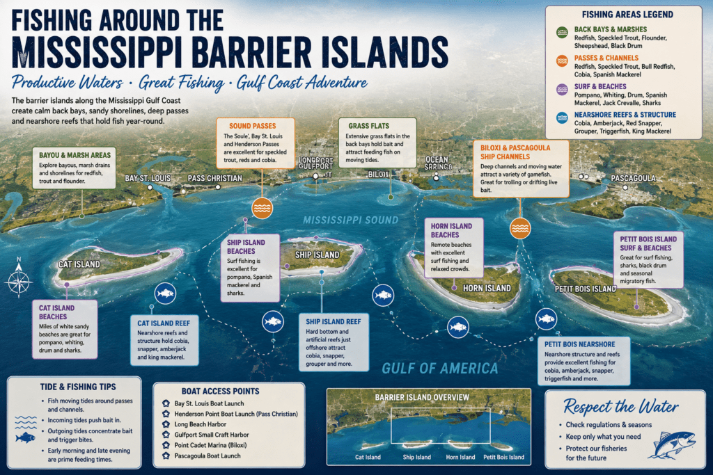 Illustrated map of the Mississippi Barrier Islands showing fishing areas around Cat Island, Ship Island, Horn Island, and Petit Bois Island with highlighted locations for marsh fishing, surf fishing, reefs, passes, channels, and offshore species in the Mississippi Sound and Gulf of America.