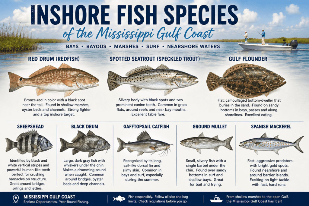 Educational infographic showing major inshore fish species found along the Mississippi Gulf Coast including red drum (redfish), speckled trout, Gulf flounder, sheepshead, black drum, gafftopsail catfish, ground mullet, and Spanish mackerel with illustrations, habitat descriptions, and coastal marsh fishing scenes.