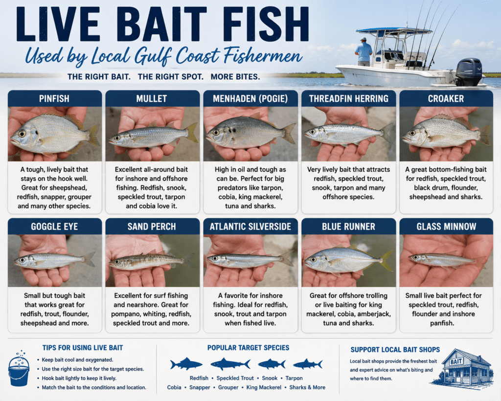 infographic showing typical bait fish used by local fisherman on the Mississippi Gulf Coast