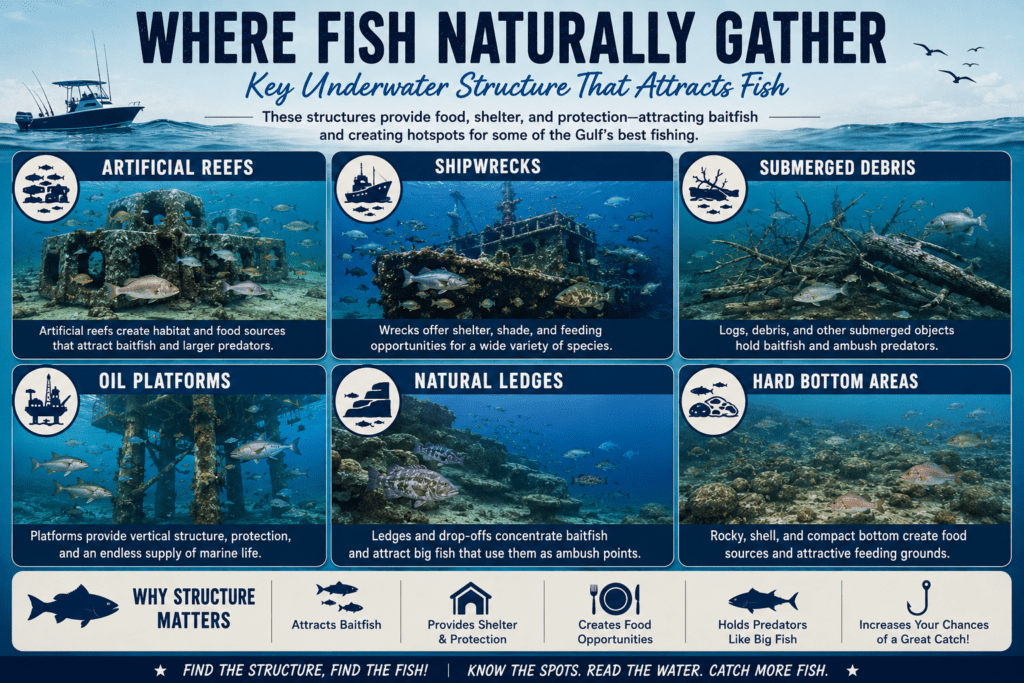 infographic where fish naturally gather including images of artificial reefs, shipwrecks, submerged debris, oil platforms, natural ledges, hard bottom areas