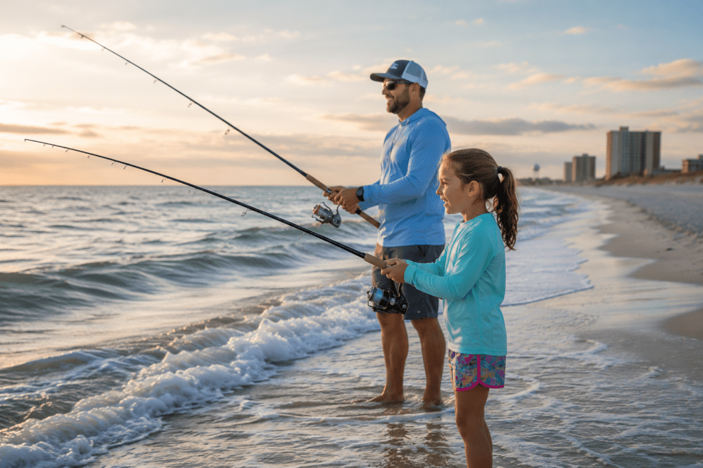 Father and daughter surf fishing together along a Mississippi Gulf Coast beach at sunset while standing in shallow waves holding fishing rods near the shoreline.