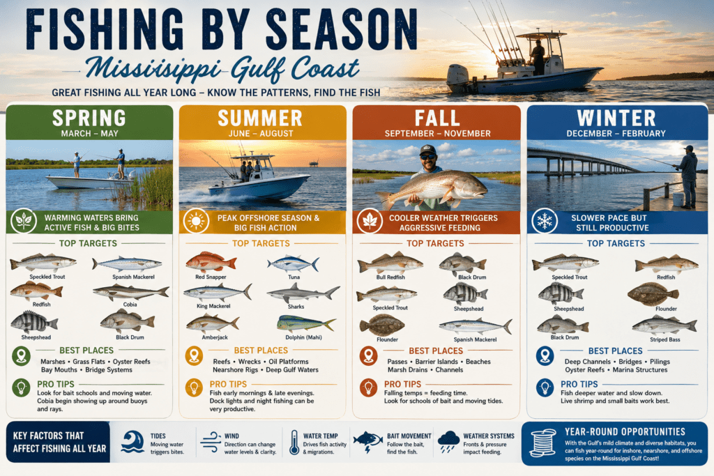 Infographic titled “Fishing by Season — Mississippi Gulf Coast” showing spring, summer, fall, and winter fishing patterns with illustrations of common fish species, seasonal fishing locations, and tips for inshore and offshore anglers.
