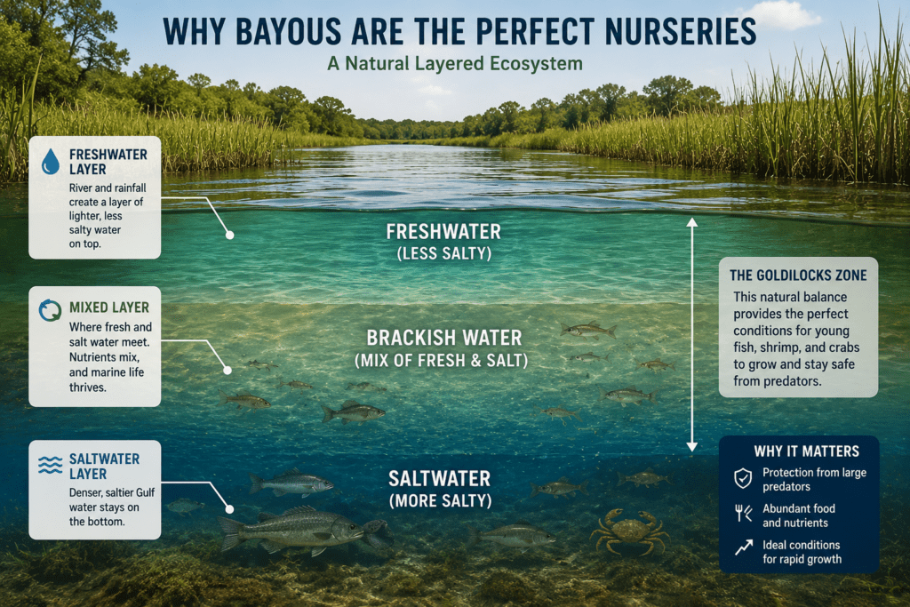 Educational infographic cross-section of a Mississippi Gulf Coast bayou showing freshwater floating near the surface, saltwater near the bottom, and a brackish mixing zone in the middle where juvenile fish, shrimp, and crabs grow in protected marsh environments.