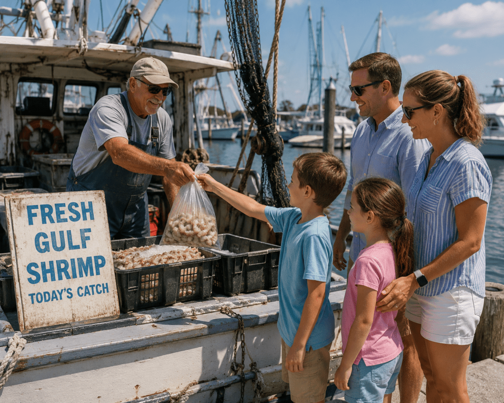 image of family buying shrimp from a shrimp boat at the harbor