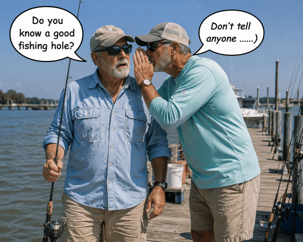Humorous image of two fishermen standing on a Mississippi Gulf Coast dock while one quietly whispers fishing advice into the other’s ear. Comic-style speech bubbles read, “Do you know a good fishing hole?” and “Don’t tell anyone ......)”.