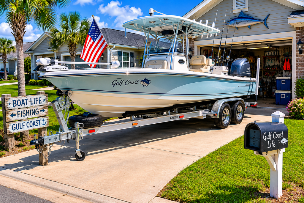 Center-console fishing boat parked on a trailer in the driveway of a suburban Mississippi Gulf Coast home surrounded by palm trees, fishing gear, and coastal decorations.