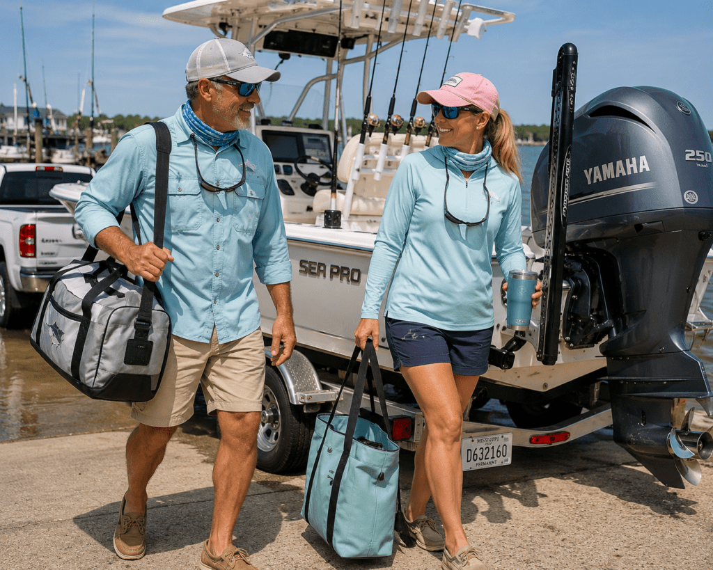 Man and woman wearing Gulf Coast fishing apparel walk toward a center-console fishing boat at a marina while carrying gear bags, sunglasses, fishing hats, and sun-protection clothing.