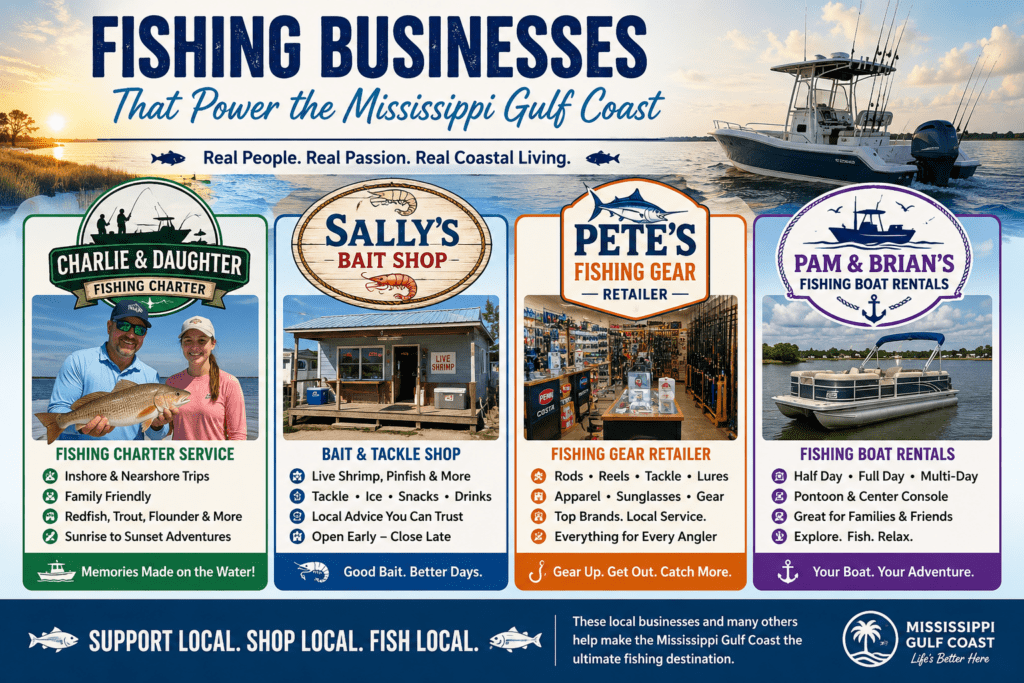 Colorful infographic titled “Fishing Businesses That Power the Mississippi Gulf Coast” featuring a fictional fishing charter service, bait shop, fishing gear retailer, and fishing boat rental company alongside boats, tackle, shrimp, and coastal fishing imagery.