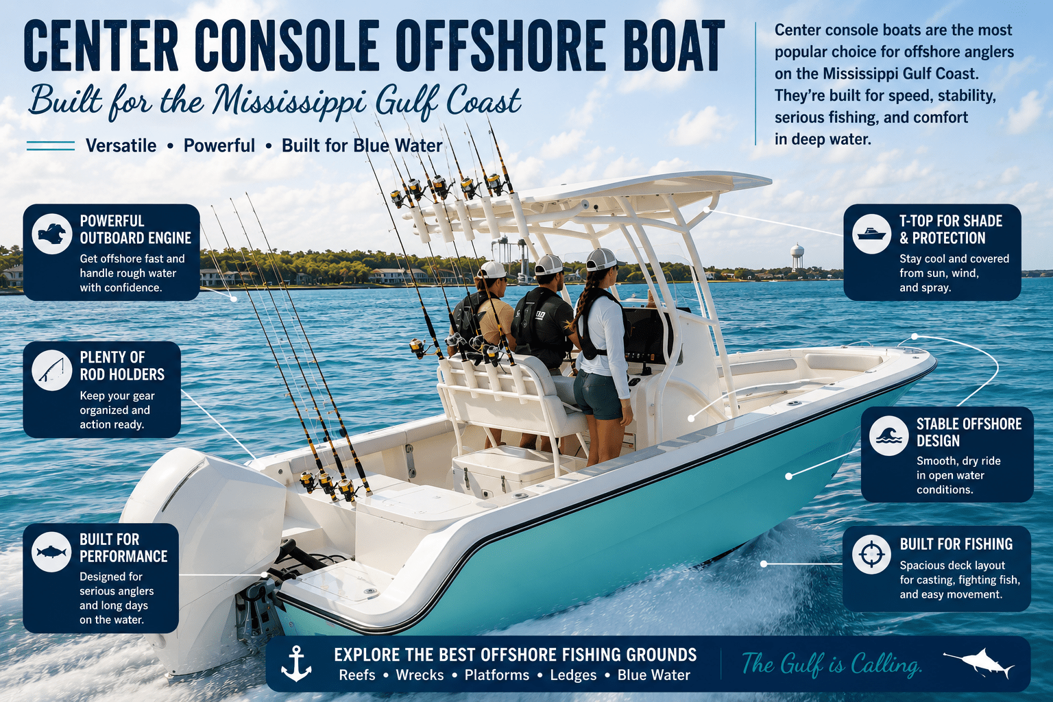 Center console offshore fishing boat commonly used on the Mississippi Gulf Coast