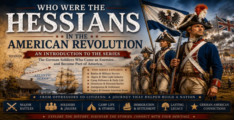 Featured image for “Who Were the Hessians in the American Revolution?” showing Hessian soldiers marching in Revolutionary War uniforms beside German and British flags, a map tracing the Atlantic crossing from Hesse to America, and scenes of war, immigration, and settlement during the American Revolution.