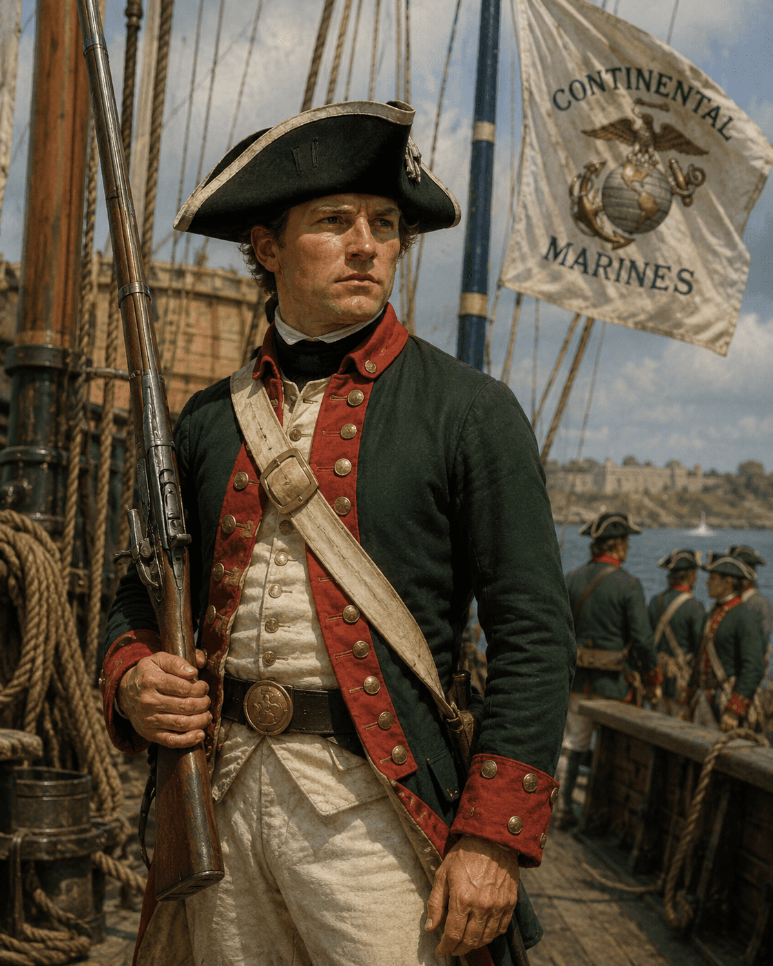 Early Continental Marine standing aboard a Revolutionary War naval vessel