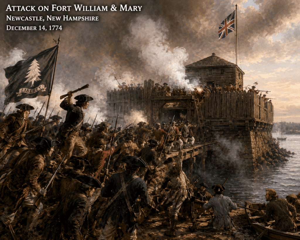Colonial militia attacking Fort William and Mary in New Hampshire in December 1774 during one of the first armed actions leading to the American Revolutionary War.