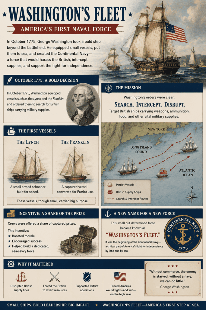 Historical infographic showing Washington’s Fleet in 1775, including the vessels Lynch and Franklin, illustrating how George Washington created an early naval force to intercept British military supply ships during the Revolutionary War.
