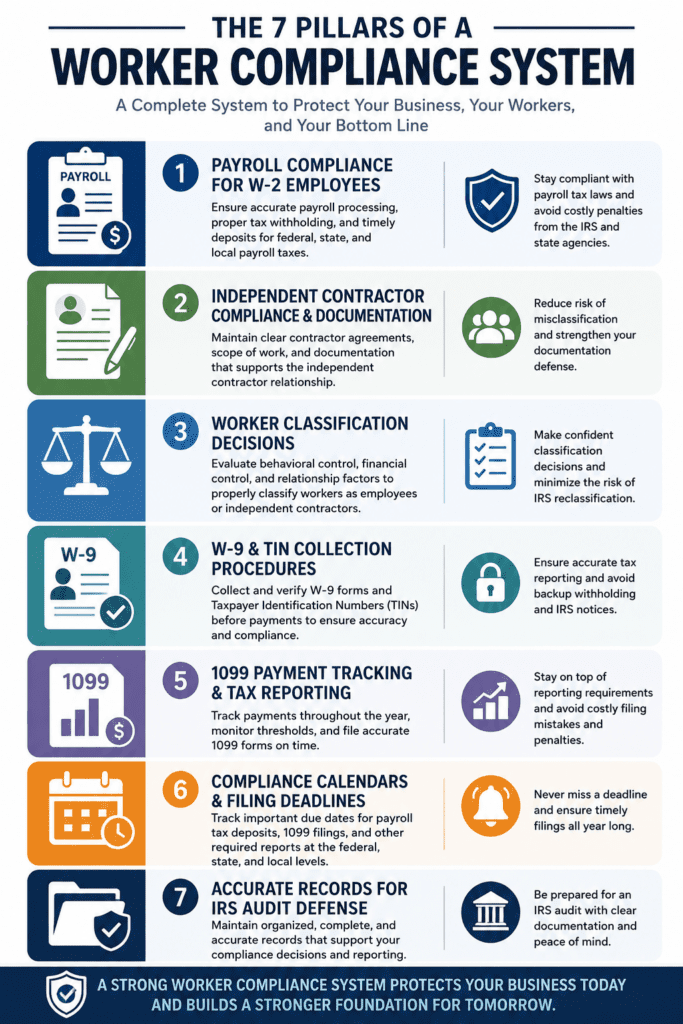 Infographic titled “The 7 Pillars of a Worker Compliance System” showing payroll compliance for W-2 employees, independent contractor documentation, worker classification decisions, W-9 and TIN collection, 1099 tracking, compliance calendars, and IRS audit defense for small businesses.