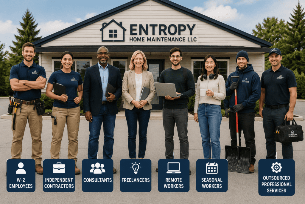 Diverse workforce standing in front of Entropy Home Maintenance LLC representing W-2 employees, independent contractors, consultants, freelancers, remote workers, seasonal workers, and outsourced professional services as part of a modern Worker Compliance System.