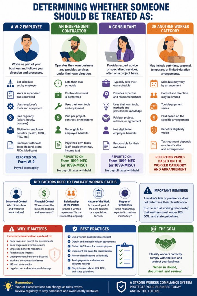 Infographic comparing worker classifications including W-2 employees, independent contractors, consultants, and other worker categories with explanations of payroll taxes, reporting requirements, worker status factors, and compliance risks.