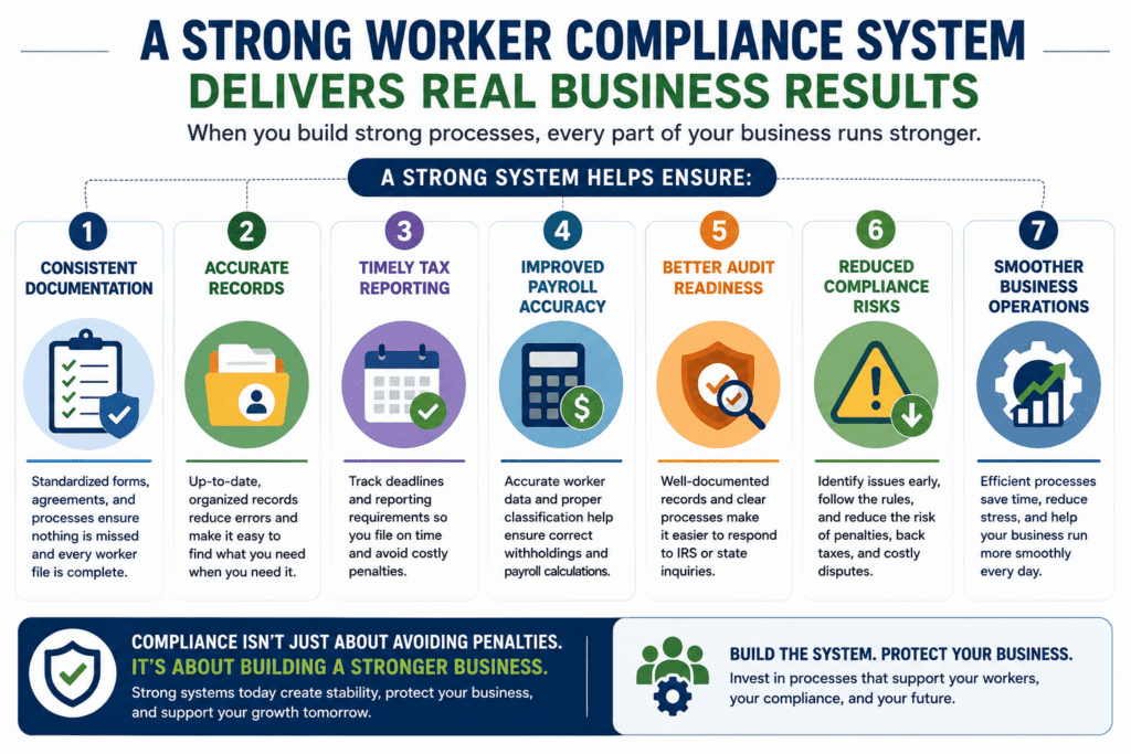 Infographic explaining how a strong Worker Compliance System improves business operations through consistent documentation, accurate records, timely tax reporting, improved payroll accuracy, better audit readiness, reduced compliance risks, and smoother workforce management.