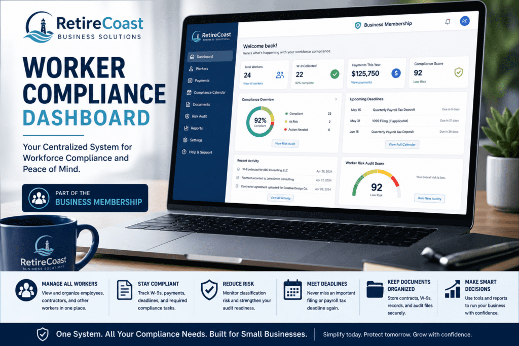 RetireCoast Worker Compliance Dashboard displayed on a laptop showing workforce management, W-9 tracking, compliance calendars, audit readiness tools, and payroll compliance features as part of the Business Membership for small businesses.