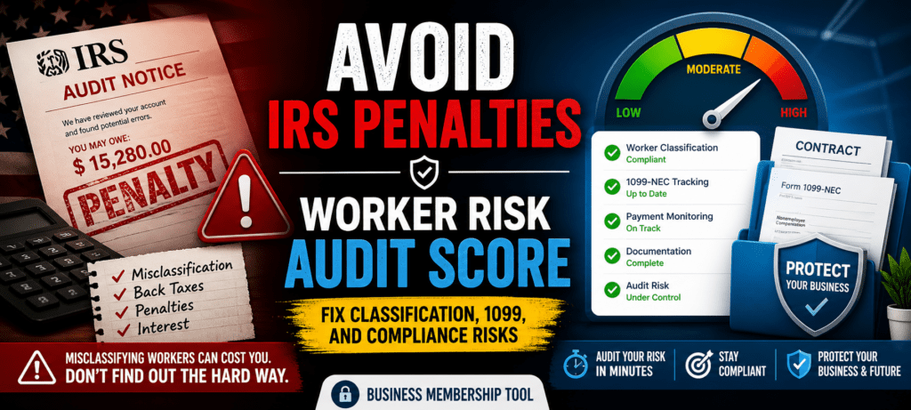 Worker Risk Audit Score featured image showing IRS audit notice, worker misclassification warning, compliance checklist, 1099 tracking, and business protection dashboard designed to help business owners avoid IRS penalties and worker classification risks.