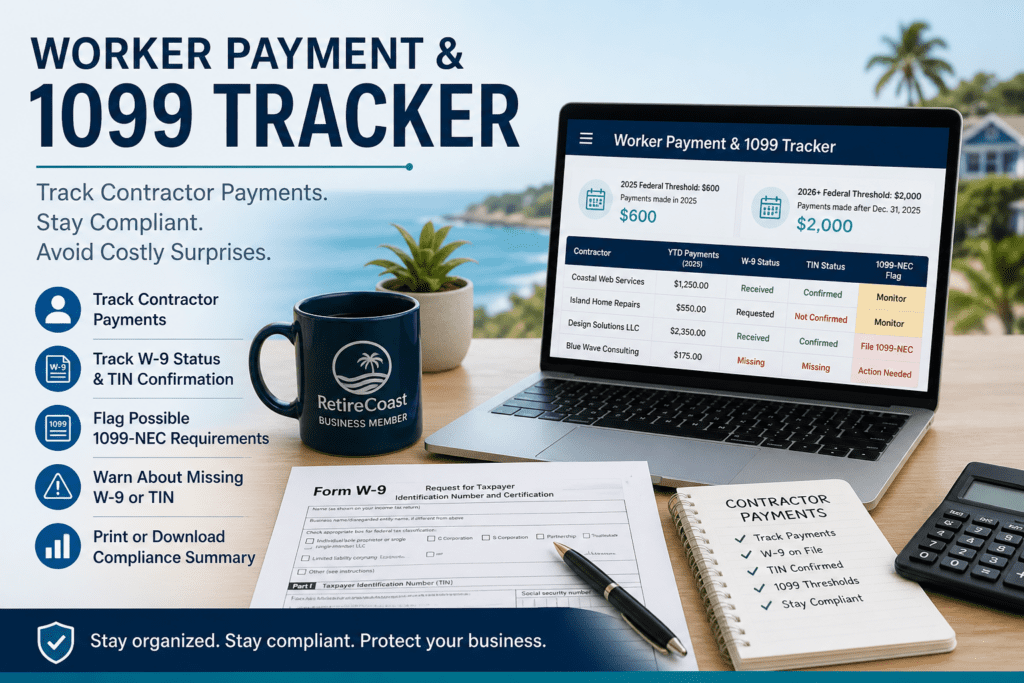 Worker Payment and 1099 Tracker dashboard showing contractor payments, W-9 status, and 1099-NEC compliance summary for small business owners