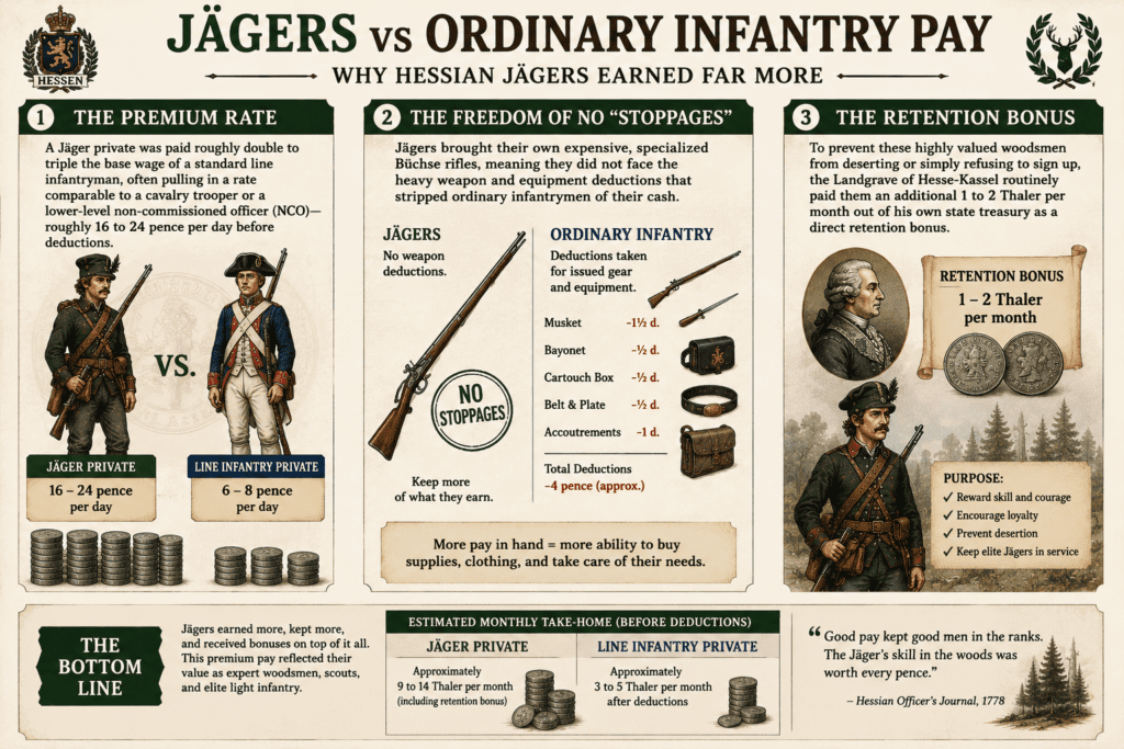 Historical infographic comparing Hessian Jäger pay to ordinary Hessian infantry pay during the American Revolution, showing higher wages for Jägers, fewer equipment deductions, special retention bonuses from the Landgrave of Hesse-Kassel, and illustrations of soldiers, rifles, coins, and military gear.