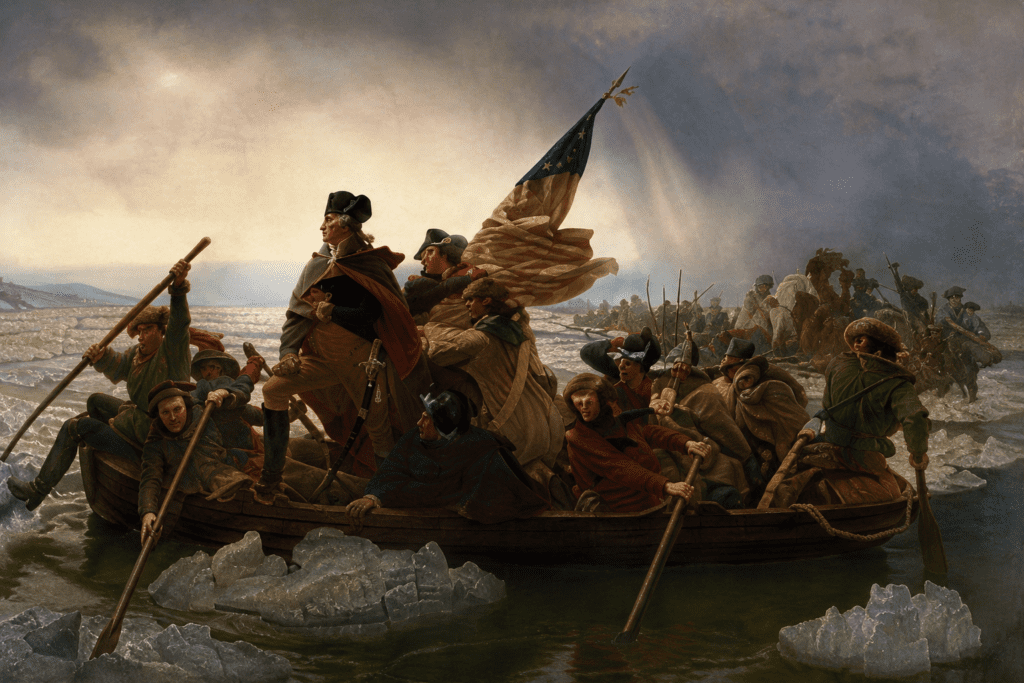 Historical artistic depiction of George Washington crossing the icy Delaware River with Continental Army soldiers during the winter of 1776 on the way to attack the Hessians at Trenton, showing crowded boats, floating ice, Revolutionary War uniforms, and dramatic stormy skies.