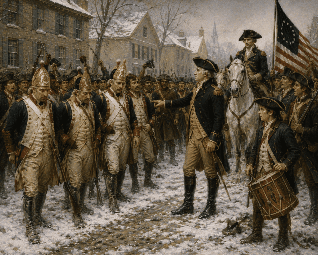 Artistic recreation inspired by John Trumbull's Revolutionary War paintings, depicting the surrender and capture of Hessian soldiers after the Battle of Trenton on December 26, 1776. Hessian troops in distinctive uniforms stand amid snow-covered streets while Continental Army soldiers and officers accept their surrender following George Washington's surprise attack.
