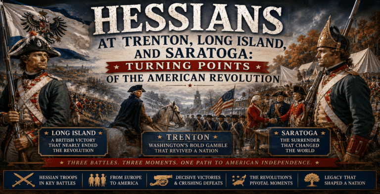 Historical featured image depicting Hessian soldiers during the American Revolution at the battles of Long Island, Trenton, and Saratoga, featuring George Washington, Revolutionary War battle scenes, surrender negotiations, military encampments, and dramatic eighteenth-century battlefield artwork highlighting key turning points in the war for American independence.