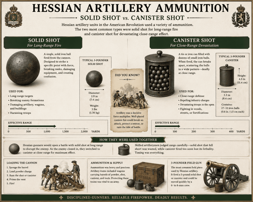 Historical infographic explaining Hessian artillery ammunition during the American Revolution, comparing solid shot and canister shot used in Hessian 3-pounder brass cannons, with illustrations showing iron cannonballs, canister containers filled with smaller balls, artillery crews, loading procedures, firing ranges, and battlefield uses.