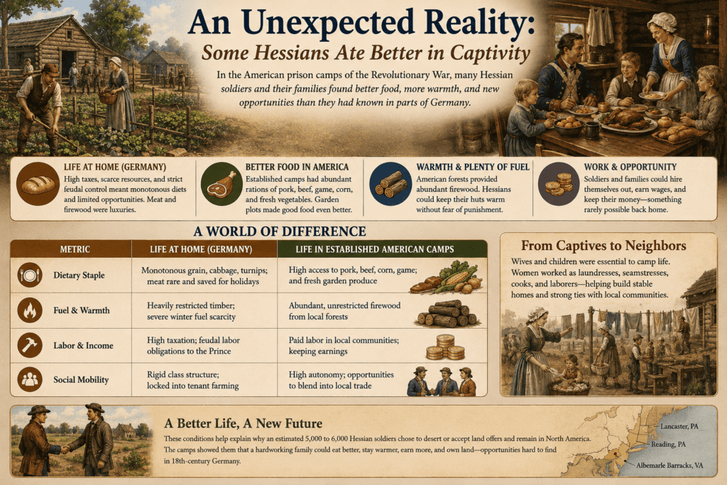 Historical infographic comparing life in eighteenth-century Germany with life in established American prison camps for Hessian soldiers and their families. The graphic illustrates differences in food availability, access to firewood, employment opportunities, social mobility, and living conditions, showing why some former Hessian prisoners viewed America as a land of opportunity and chose to remain after the Revolutionary War.