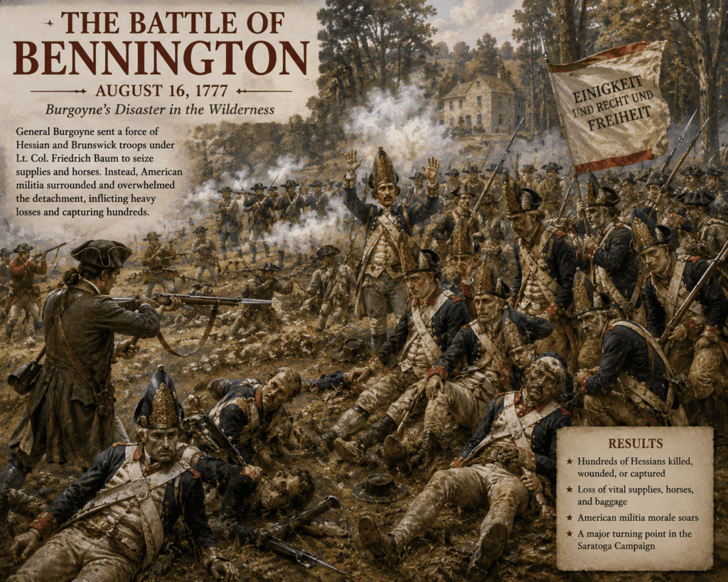 Historical illustration of the Battle of Bennington during the Saratoga campaign showing defeated Hessian and Brunswick soldiers wearing traditional brass-fronted miter hats while American militia forces surround them in the wilderness fighting of 1777.
