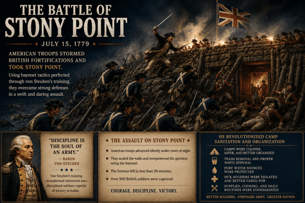 Historical illustration of American Continental Army soldiers storming the British fortifications at the Battle of Stony Point in 1779 using bayonets during a nighttime assault influenced by Baron von Steuben’s military training and battlefield discipline reforms.