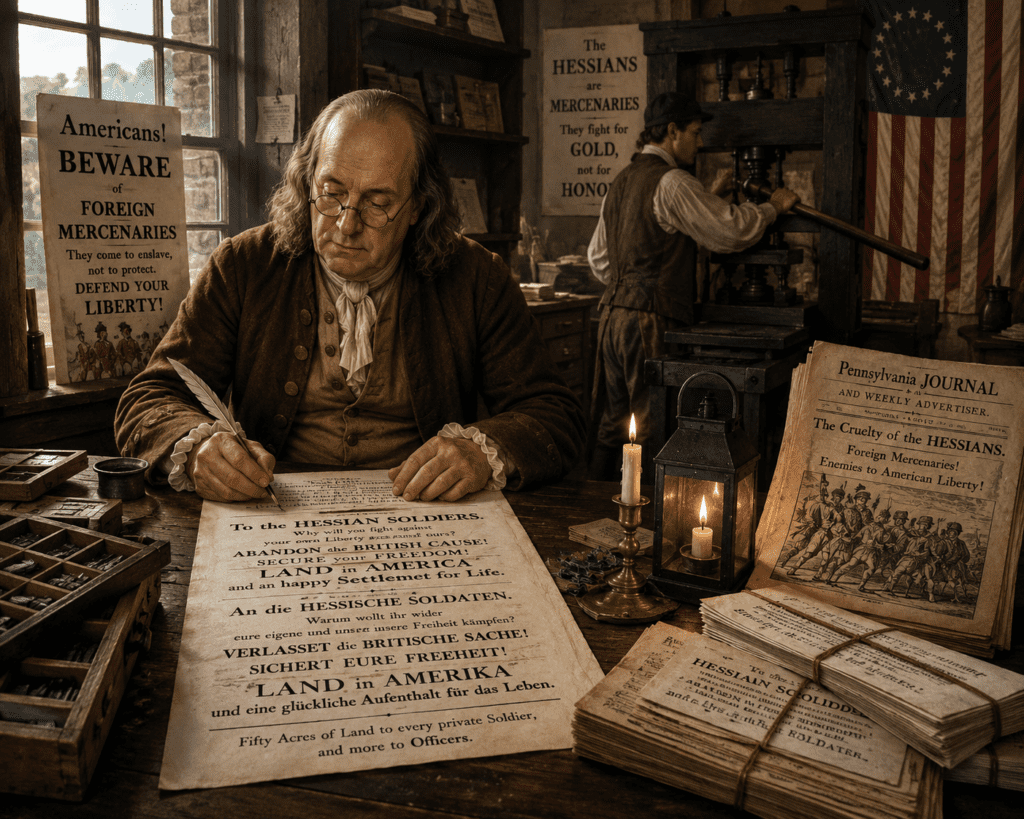 Benjamin Franklin sits at a desk inside an eighteenth-century print shop drafting German-language propaganda intended for Hessian soldiers during the American Revolution. Around him are printing presses, stacks of newspapers, pamphlets, movable type, and broadsides encouraging Hessian troops to abandon British service and settle in America.