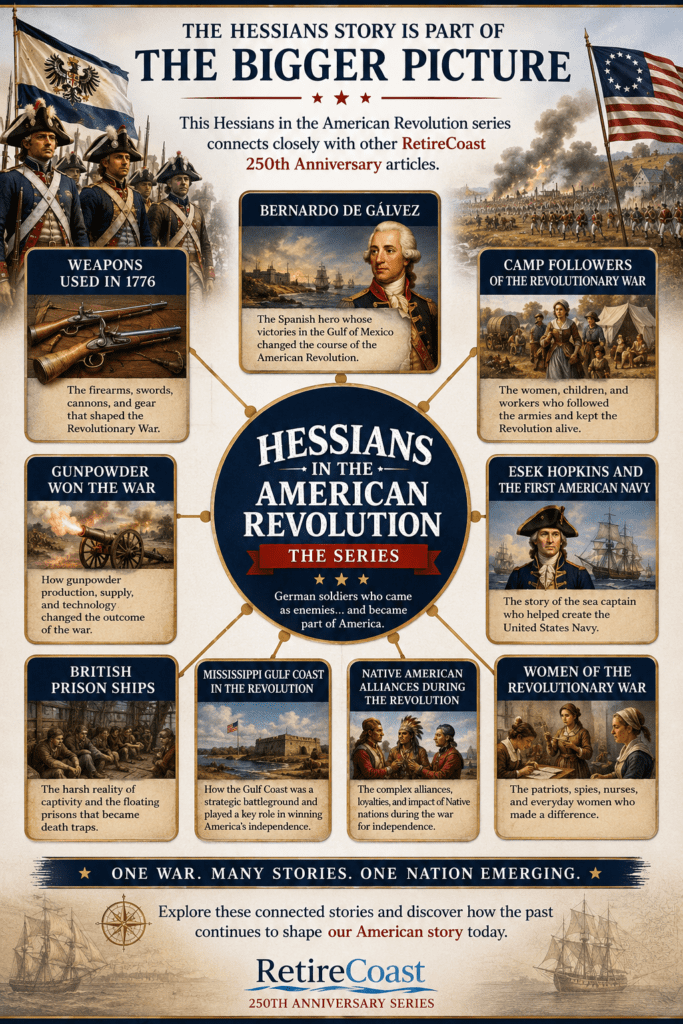 Historical infographic titled “The Hessians Story Is Part of the Bigger Picture” showing how the Hessians in the American Revolution connect to other RetireCoast 250th Anniversary articles. The infographic includes illustrated sections for Weapons Used in 1776, Camp Followers of the Revolutionary War, Gunpowder Won the War, Bernardo de Gálvez, Esek Hopkins and the First American Navy, British Prison Ships, Women of the Revolutionary War, Mississippi Gulf Coast in the Revolution, and Native American alliances during the Revolution.
