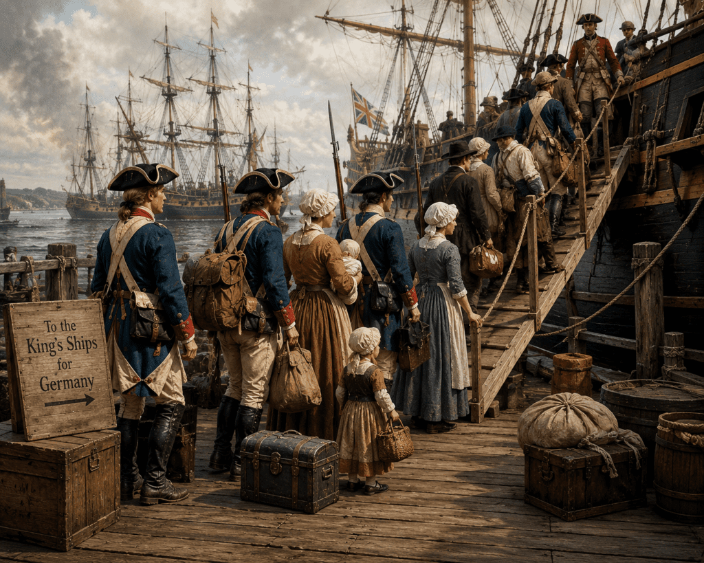 Historical illustration showing Hessian soldiers and their families boarding British transport ships after the American Revolutionary War. Men in blue Hessian uniforms, women, and children carrying personal belongings walk up wooden gangplanks toward large sailing ships flying British flags in a crowded harbor as they prepare to return to Germany.