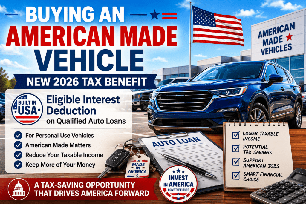 Infographic titled "Buying an American Made Vehicle and Interest Deduction" showing a new American-made SUV at a dealership with an American flag in the background. The infographic explains the 2026 federal tax deduction for interest paid on qualifying vehicle loans, highlights eligibility requirements, and outlines potential benefits such as reducing taxable income, supporting American manufacturing, and lowering overall tax liability.