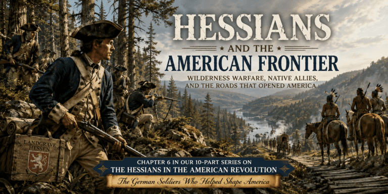 Featured image for “Hessians and the American Frontier” showing Hessian soldiers and Jägers moving through dense American wilderness alongside Native American allies during the Revolutionary War, with military wagons traveling on a frontier road through mountains and forests.