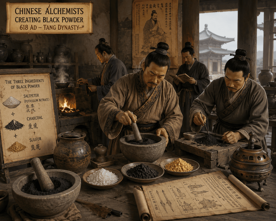 Chinese alchemists during the Tang Dynasty experimenting with early gunpowder ingredients in ancient China